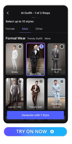 Try on Black Tie Wedding Outfits for Men with the Best AI Outfit Generator