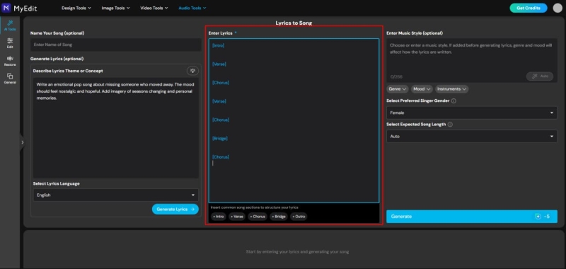 How to Generate Song Lyrics with MyEdit AI Lyrics Generator
