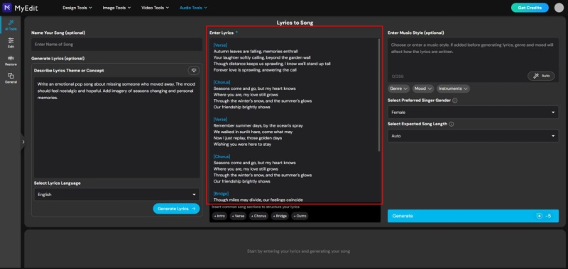 How to Generate Song Lyrics with MyEdit AI Lyrics Generator