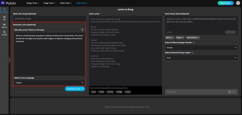How to Generate Song Lyrics with MyEdit AI Lyrics Generator